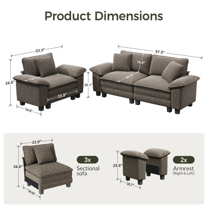 Ensemble de canapé modulaire rembourré 2 pièces, ensemble de canapé surdimensionné avec causeuse et fauteuil, Chenille cendré