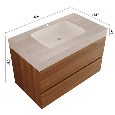Meuble-lavabo flottant moderne 29,9 po avec comptoir en faux marbre et lavabo encastré en céramique, fixation murale pour petites salles de bain et appartements