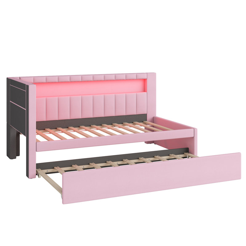 Upholstered  Platform Bed With USB Ports And LED Belt, Twin, Pink