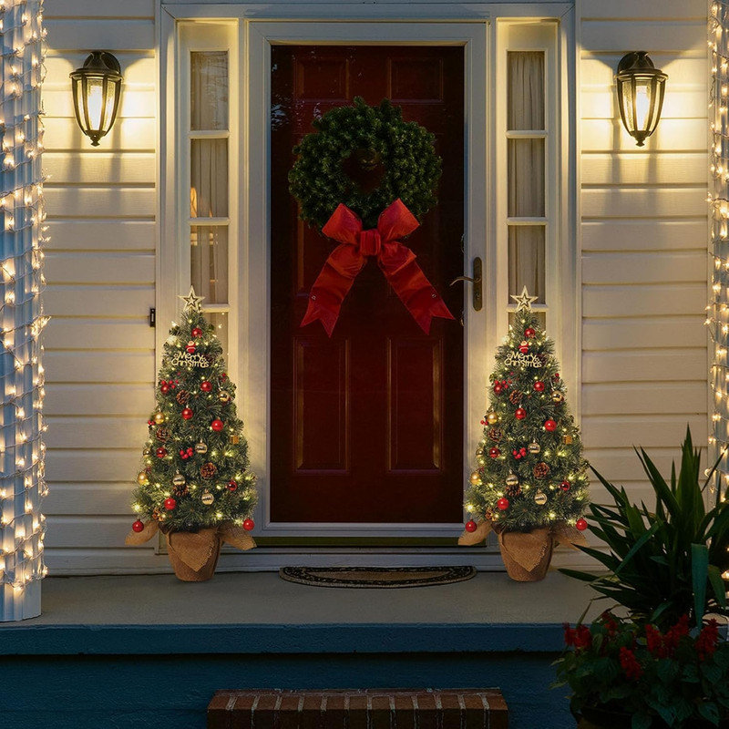 Arbre de Noël illuminé enneigé 2 pièces 3PC avec 78 lumières DEL, baies de pommes de pin et base en toile de jute