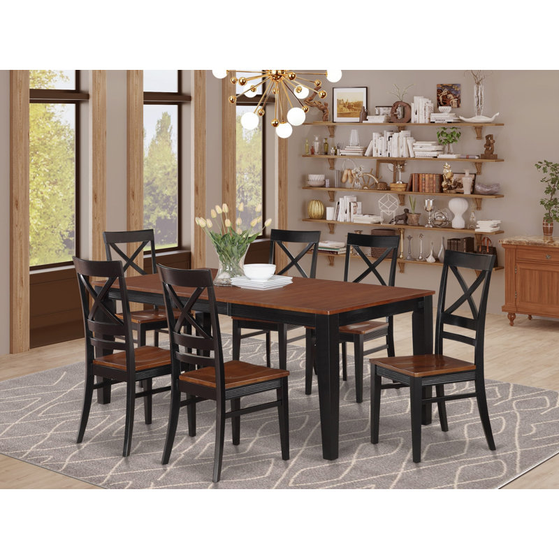Ensemble de table et chaises de cuisine 7 pièces composé d'une table de salle à manger rectangulaire avec rallonge papillon et 6 chaises, noir et cerise