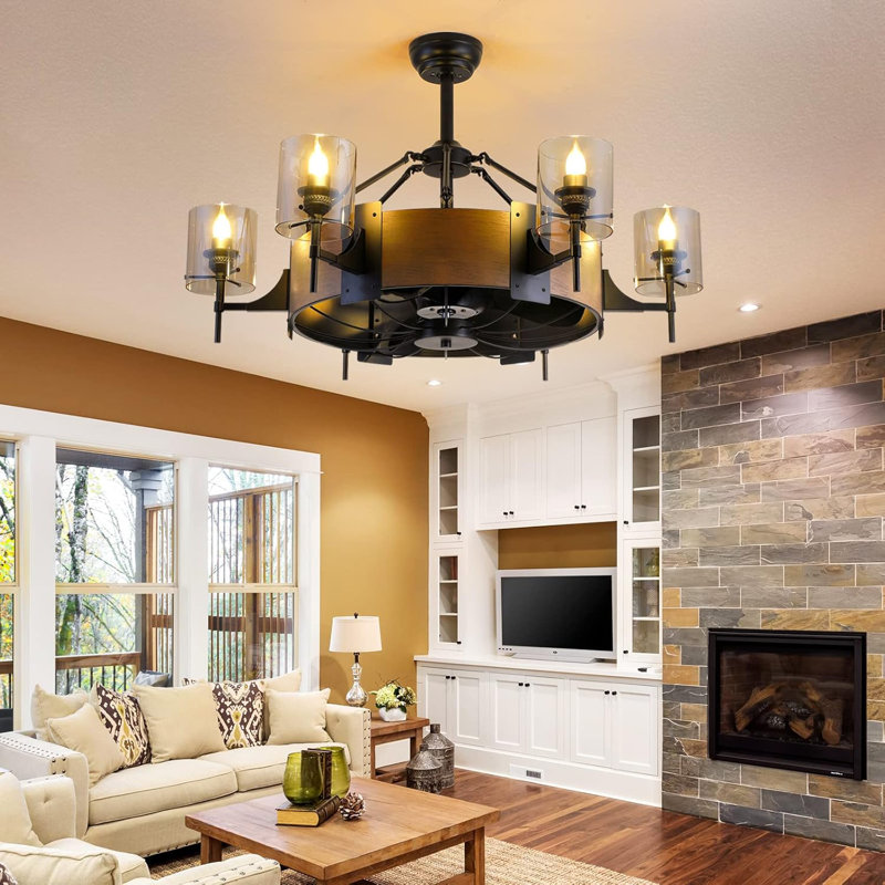  39.5" Industrial Caged Modern Farmhouse Ceiling Fans With Lights And Remote