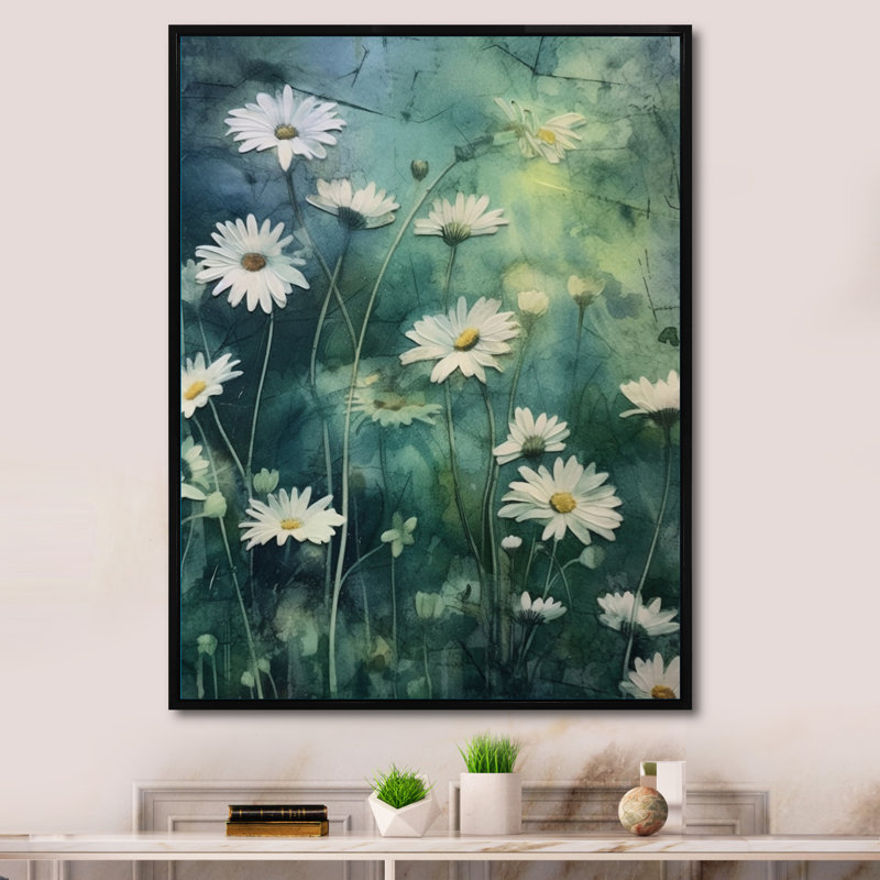 Fusion de marguerites blanches et vertes II sur toile, H 32 po x l 16 po x P 1 po, Cadre flottant noir