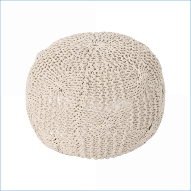 Ottoman Round Knitted Pouf for Living Room, Floor Cushion | Beige | Cotton, Beige