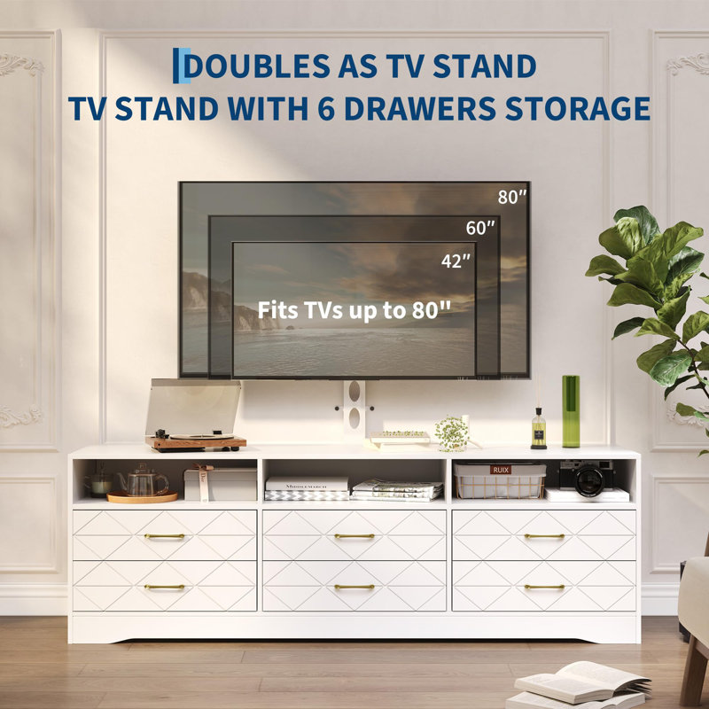 Meuble audio-vidéo blanc avec 6 tiroirs de rangement pour le salon de la chambre à coucher, meuble télé avec téléviseurs à fixation de 32 à 80 po, console multimédia en bois avec support à hauteur réglable