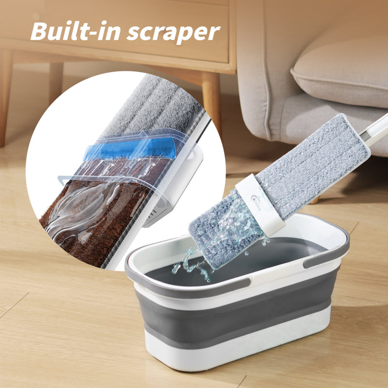 Oshang Flat Mop and Collapsible Bucket OG7, Foldable Bucket with Wheels, 2 Washable Mop Pads
