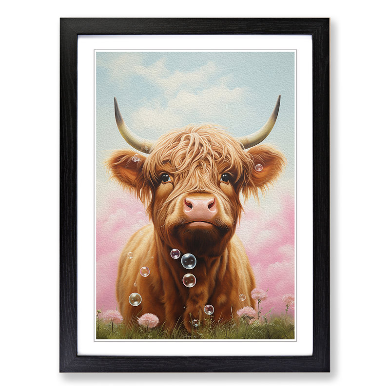 Highland Cow Bubble Gum - Single Picture Frame Print on Wood, Black, 34cm H x 25cm W x 2cm D