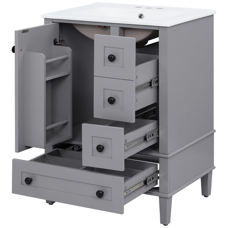 Meuble-lavabo de 24 pouces avec lavabo intégré en céramique, tablette à double couche, tiroirs à fermeture en douceur et porte d'armoire à fermeture en douceur.