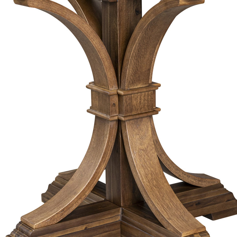 7-Pc Kitchen Table Set consists of a Pedestal Dining Table and 6 Light Tan Linen Fabric Chairs with Button Tufted- Antique Walnut