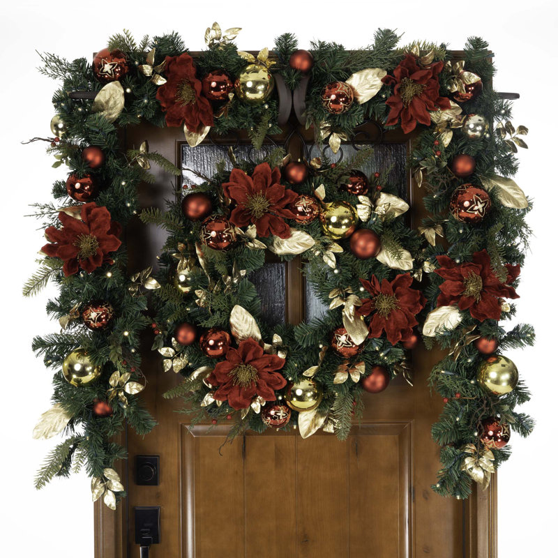 Golden Leaf Red Magnolia 30'' Artificial Christmas Wreath with LED Lights