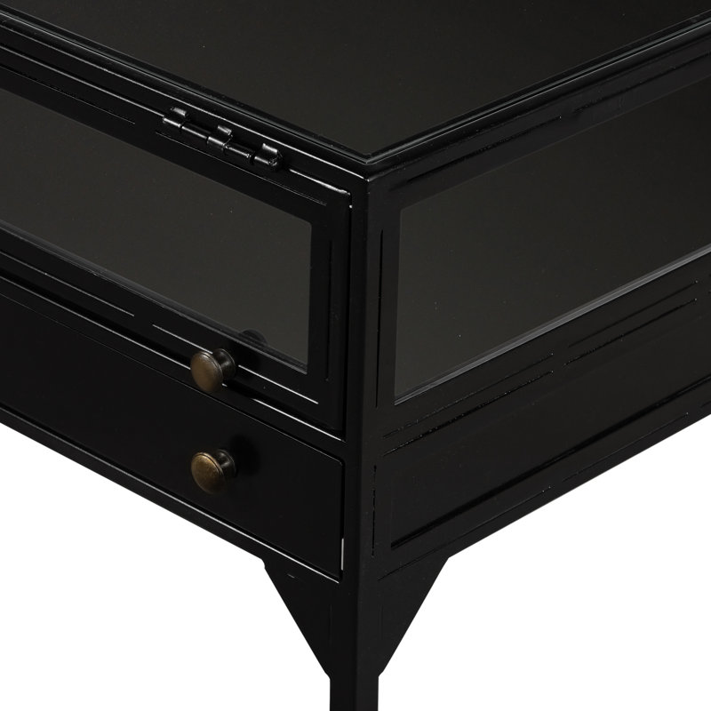 Black Metal and Glass Square End Table with Storage