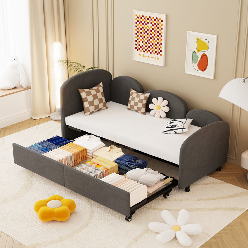 Dark Gray Twin Size Daybed With Velvet Upholstery And Storage Function Modern Upholstered Practical Compartment -