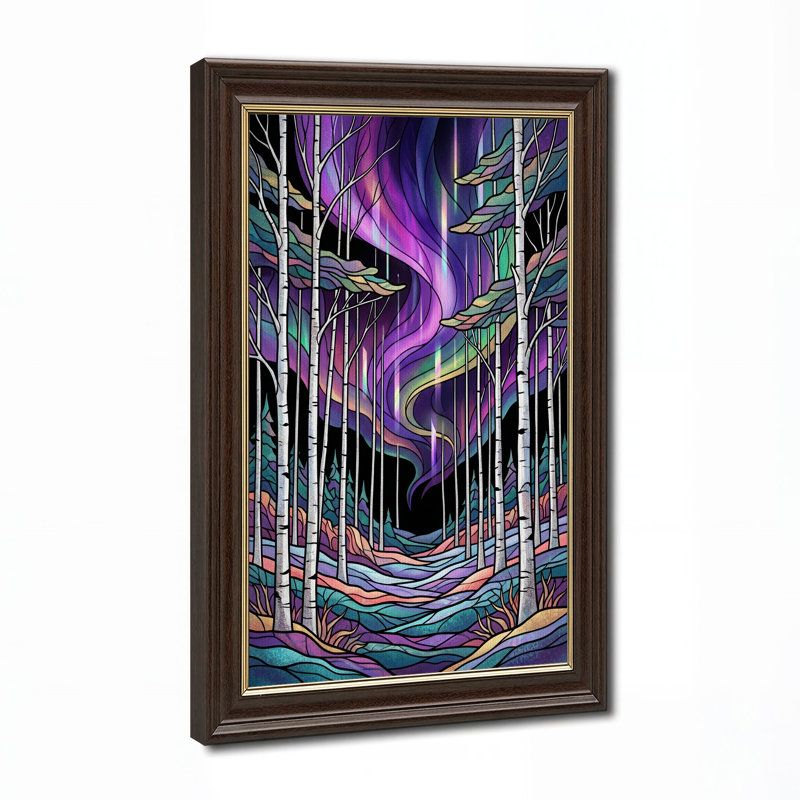 Tableau sur toile de style vitrail représentant une aurore boréale au-dessus d'une forêt de bouleaux, H 24 po x l 16 po