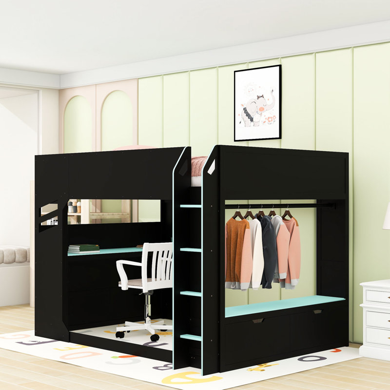 Full Loft Bed With Adjustable Desk, RGB Lighting, And Ample Storage, Blue
