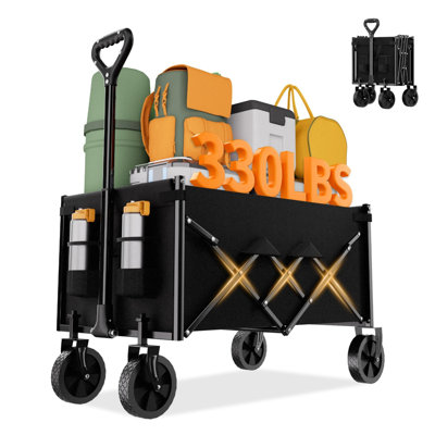 100L Portable Folding Festival Trolley On Wheels, Heavy Duty Garden Wagon Cart With Adjustable Handle & Drink Holder For Beach, Camping, Fishing & Outdoor Activities - Black