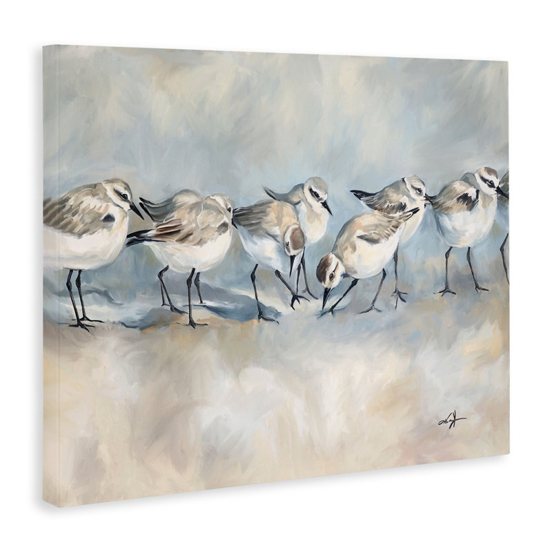 Shore Birds Lineup on Beach Canvas, design by Ramona Murdock, 16" H x 20" W