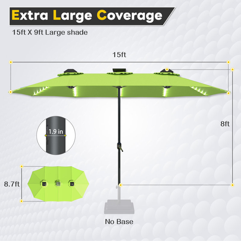 Grand parasol double 15 pi avec lumières solaires, Vert