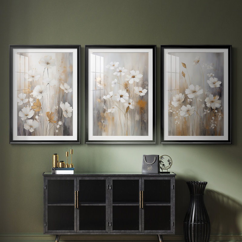 FLORAL Series CCCCXXI - Impression encadrée sur mesure de qualité supérieure - 3 pièces, H 19 po x l 27 po, Noir