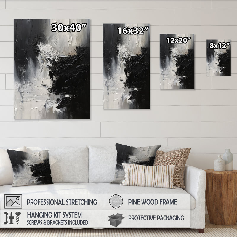 Noir et blanc délicat coups de pinceau II - art abstrait en marbre, H 40 po x l 30 po x P 1,5 po, Toile tendue