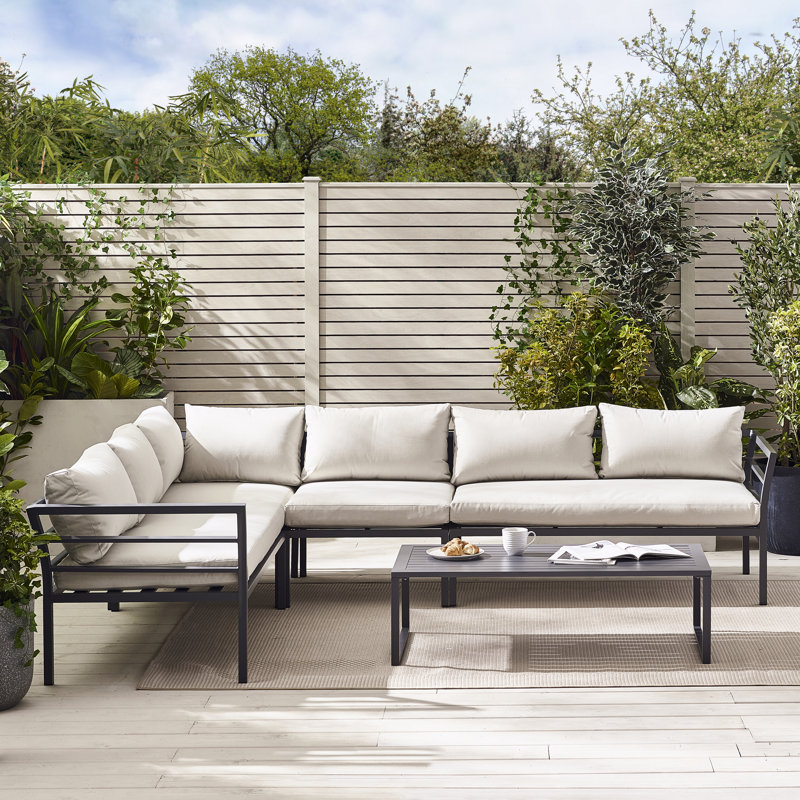Alanzo Outdoor 6 Seater Corner Sofa And Coffee Table - Minimalist Modern Style (Cover Included), Grey