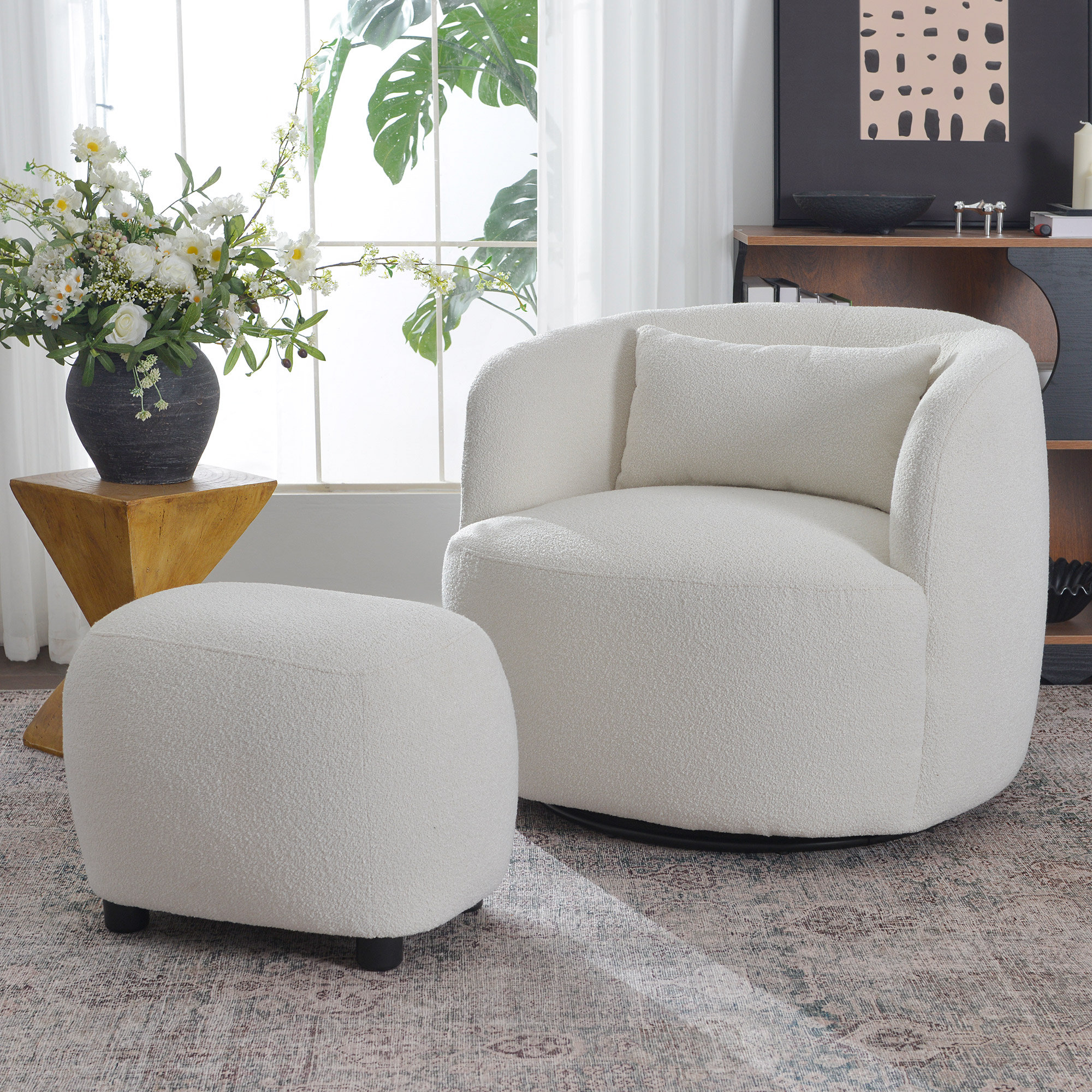 Aria Upholstered Swivel Armchair with Ottoman, Beige