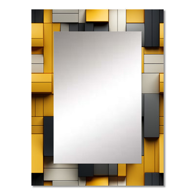 Yellow And Grey Geometric Blocks Harmony - Geometric  Decorative Wall Mirror, Modern Mirror, Printed Metal Art