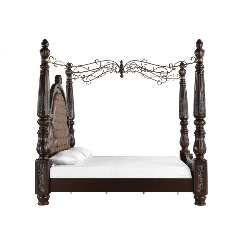 Palazzo Marina Walnut Queen Canopy Bed with Tufted Faux Leather Headboard