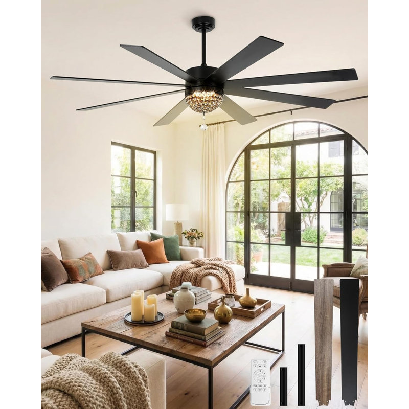 Ventilateur de plafond 52 po moderne en cristal avec lumières et télécommande, ventilateur de plafond industriel réversible silencieux à moteur à courant continu, ventilateurs de lustre DEL pour chambre à coucher, salon, salle à manger, noir