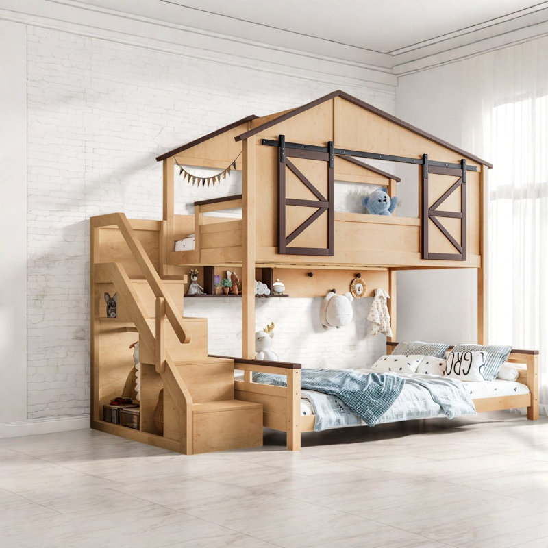 Lit superposé gain de place avec rangement, structure en bois, style ferme, chambre d'enfant
