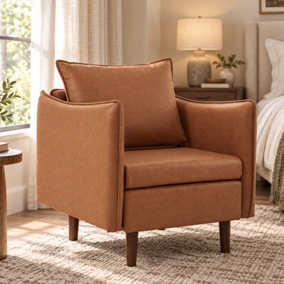 21''W Modern Brown Upholstered Faux Leather Armchair with Solid Wood Legs