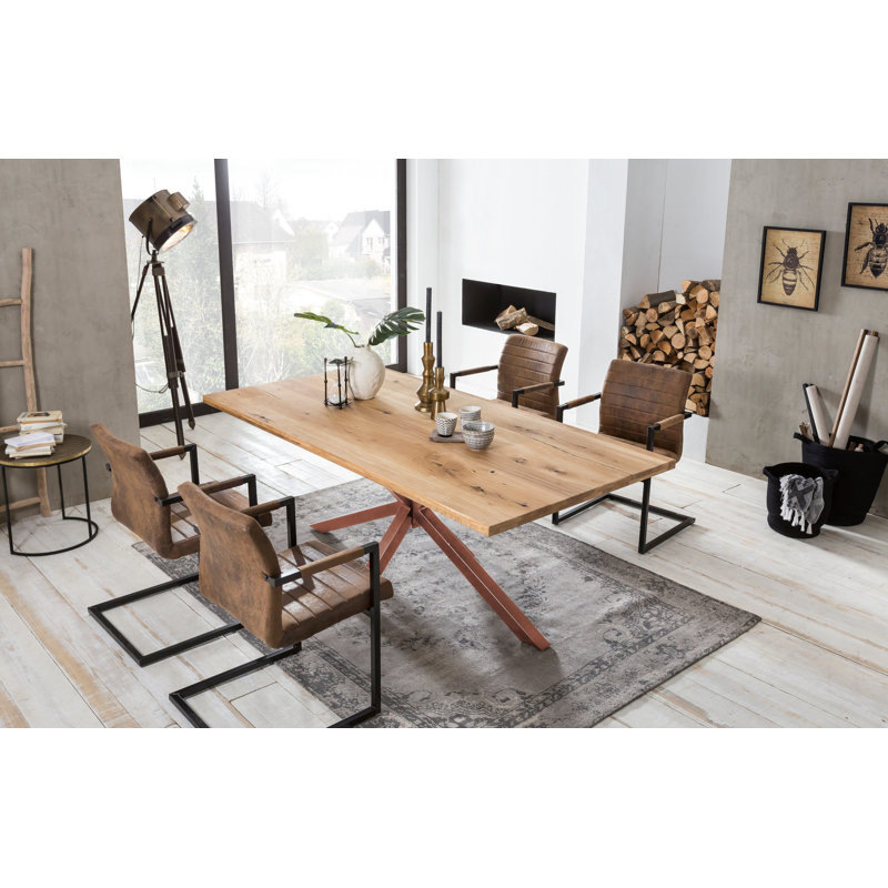 Isaac Oak Solid Wood Top Metal Base Dining Table, Antique brown, 76cm H x 180cm L x 100cm W