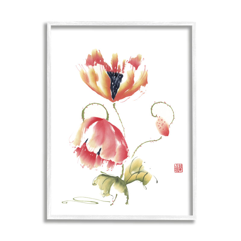 Illustration simple de pétales de fleurs oranges et roses par Nan Rae - Peinture, H 14 po x l 11 po x P 1,5 po