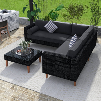 4-Pieces Outdoor Wicker Sofa Set  In Black  ｜L-Shape Sofa Set, Gray Cushions And Black Rattan ｜Patio Furniture With Colorful Pillows