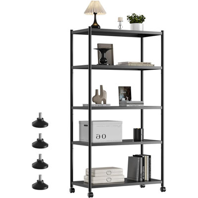 Bibliothèque robuste à 5 niveaux avec roulettes, tablette de rangement industrielle pour bureau à domicile, salon, chambre à coucher et garage, solution d'organisation réglable