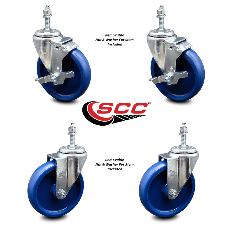Polyurethane 3/8 Inch Threaded Stem Caster Set 2 Brakes SCC