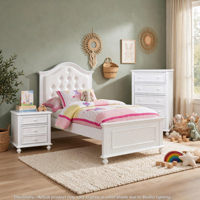 Ensemble de chambre d'enfant pour lit double 3 pièces Aure, tête de lit capitonnée courbée, blanc