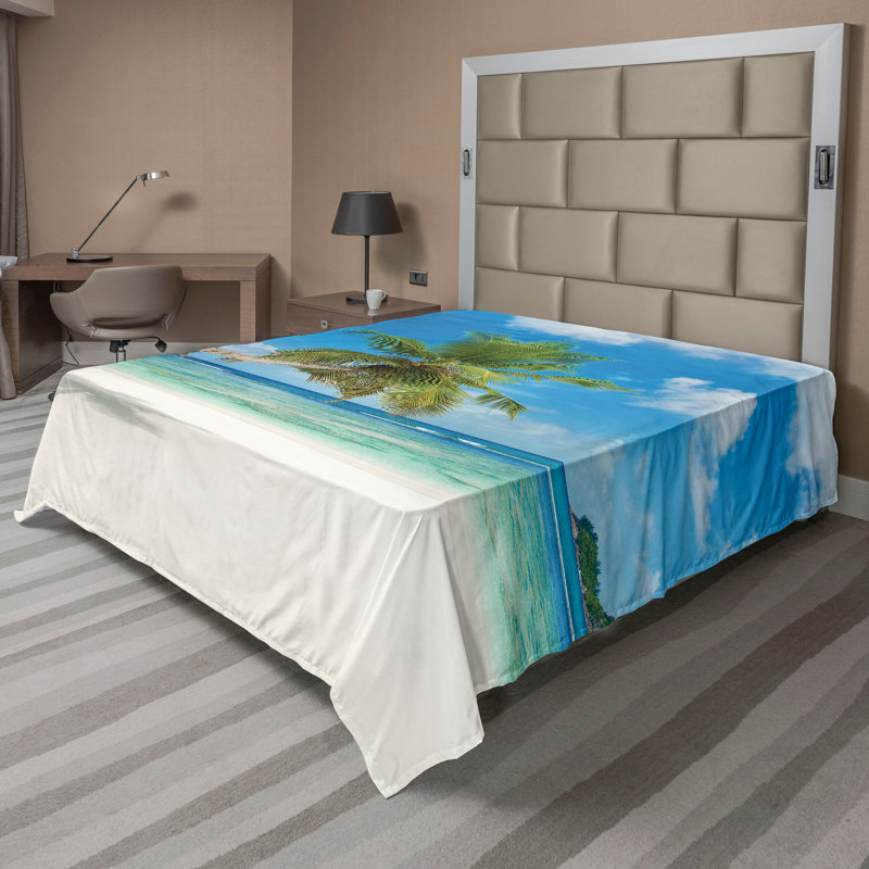 Drap plat Ambesonne Tropi Palmiers plage paysage bleu azur / vert olive, Drap plat pour très grand lit californien