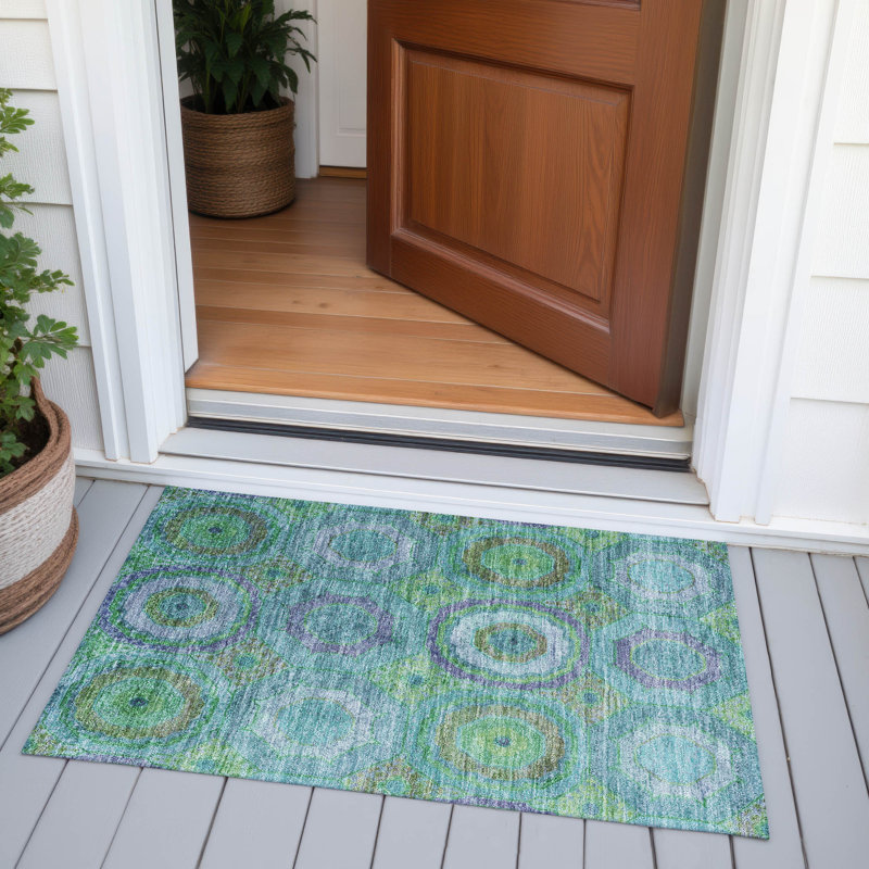 Machine Washable Indoor/Outdoor Xhevrie Teal Rug, Rectangle 1'8" x 2'6"