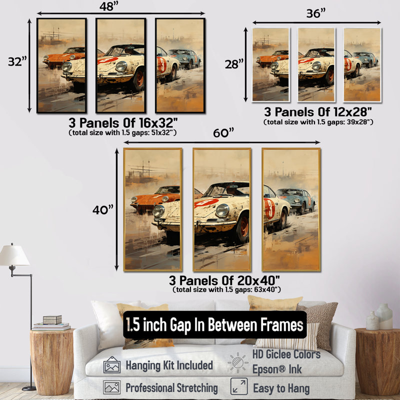 «Vintage Rally Speed Car Melody 2 - Race Tracks», art mural, Cadre flottant doré, H 40 po x l 61 po x P 1 po