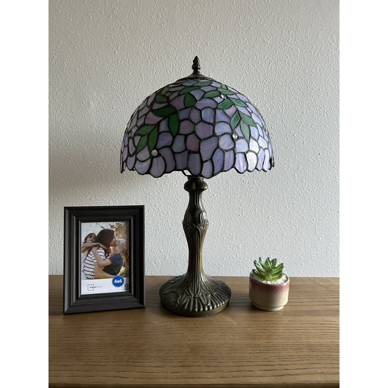 Veale Tiffany Table Lamp Purple Stained Glass Green Leaves LED Bulb Included 19" H*12" W