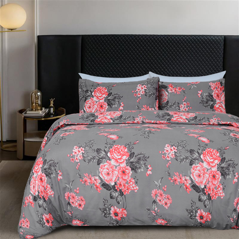 Ultra Soft Microfiber Dual Pattern Reversible Duvet Cover With Matching Pillow Covers, Grey/Pink Bouquet