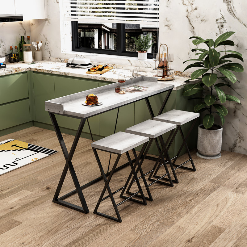 Long Dining Table Set with 3 Stools, Grey/Black