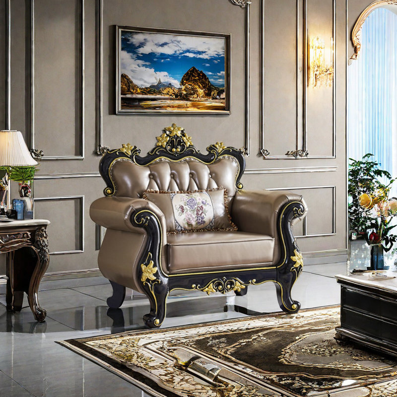 Fauteuil en cuir véritable capitonné European, Cuir véritable taupe