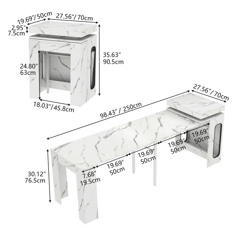 Extendable Dining Table With Charging Station & Led Lights, 19.7" To 98.4" White Faux Marble Dining Table