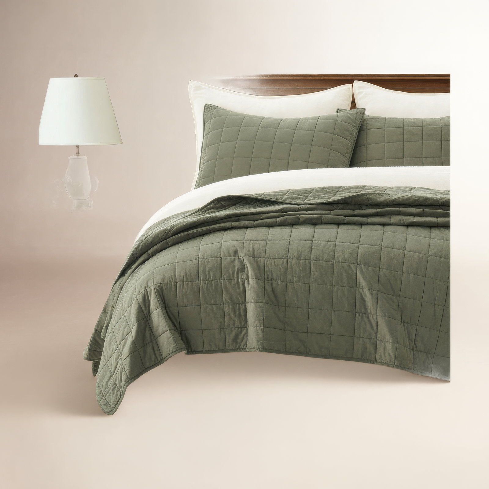 100% Cotton Box Stitch Quilt Set, Queen Quilt + 2 Queen Shams, Olive Green