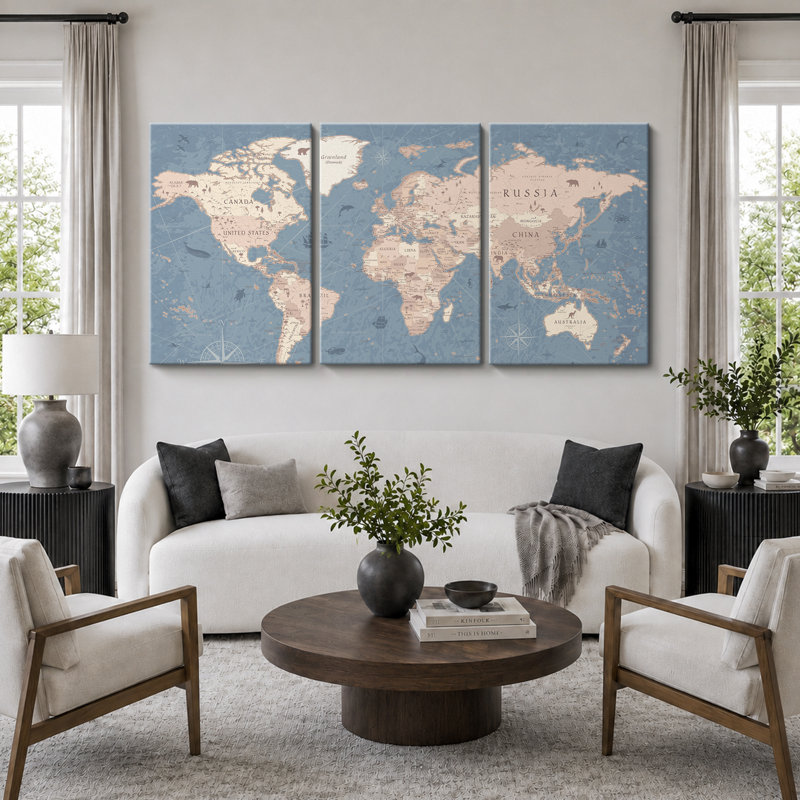 Carte du monde «Blue Global Antique Atlas, H 24 po x l 48 po, Toile tendue, Sans cadre