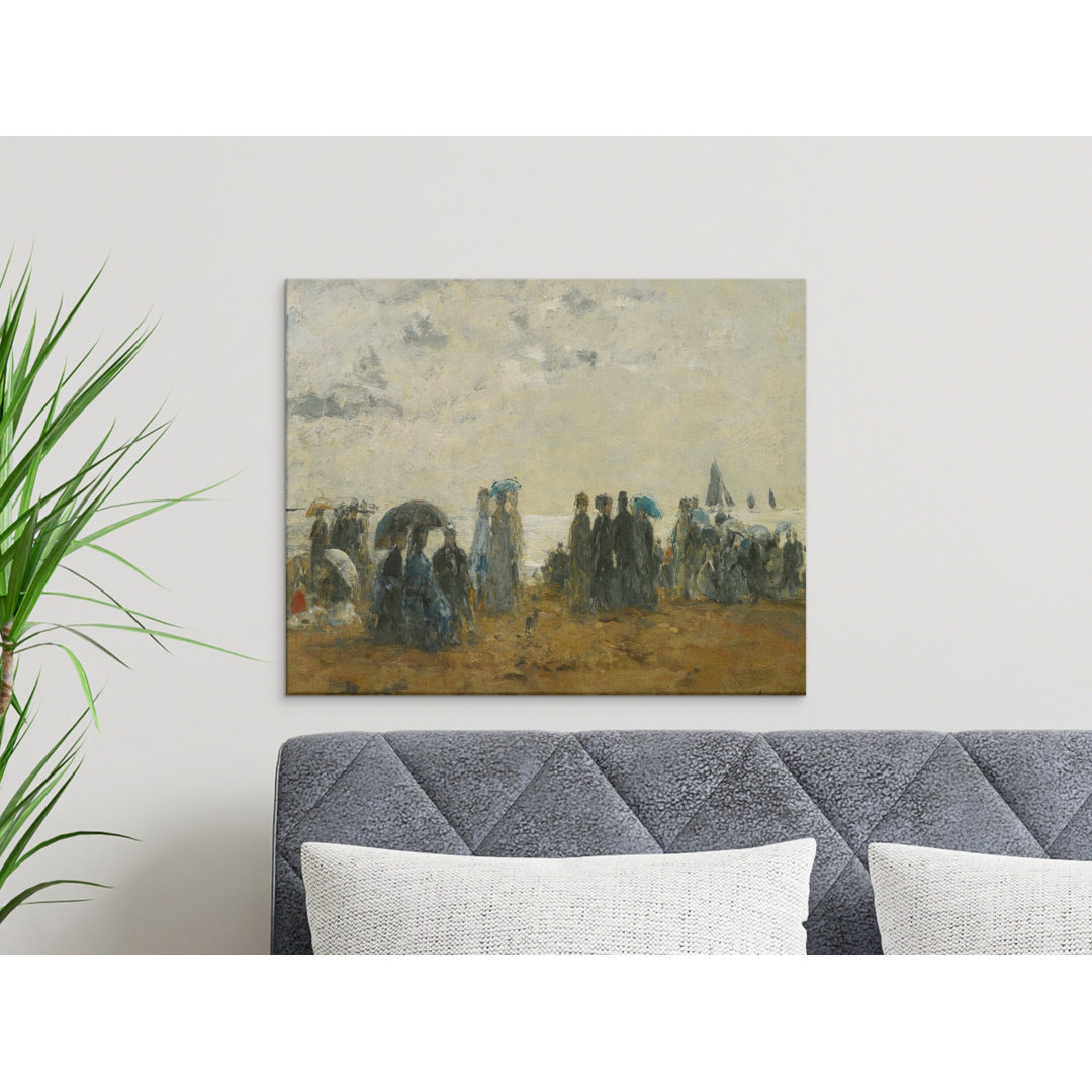 Beach Scene Canvas Wall Art, People with Umbrellas, Gallery Wrapped Canvas Print, Ready to Hang, Archival Quality, Coastal Decor