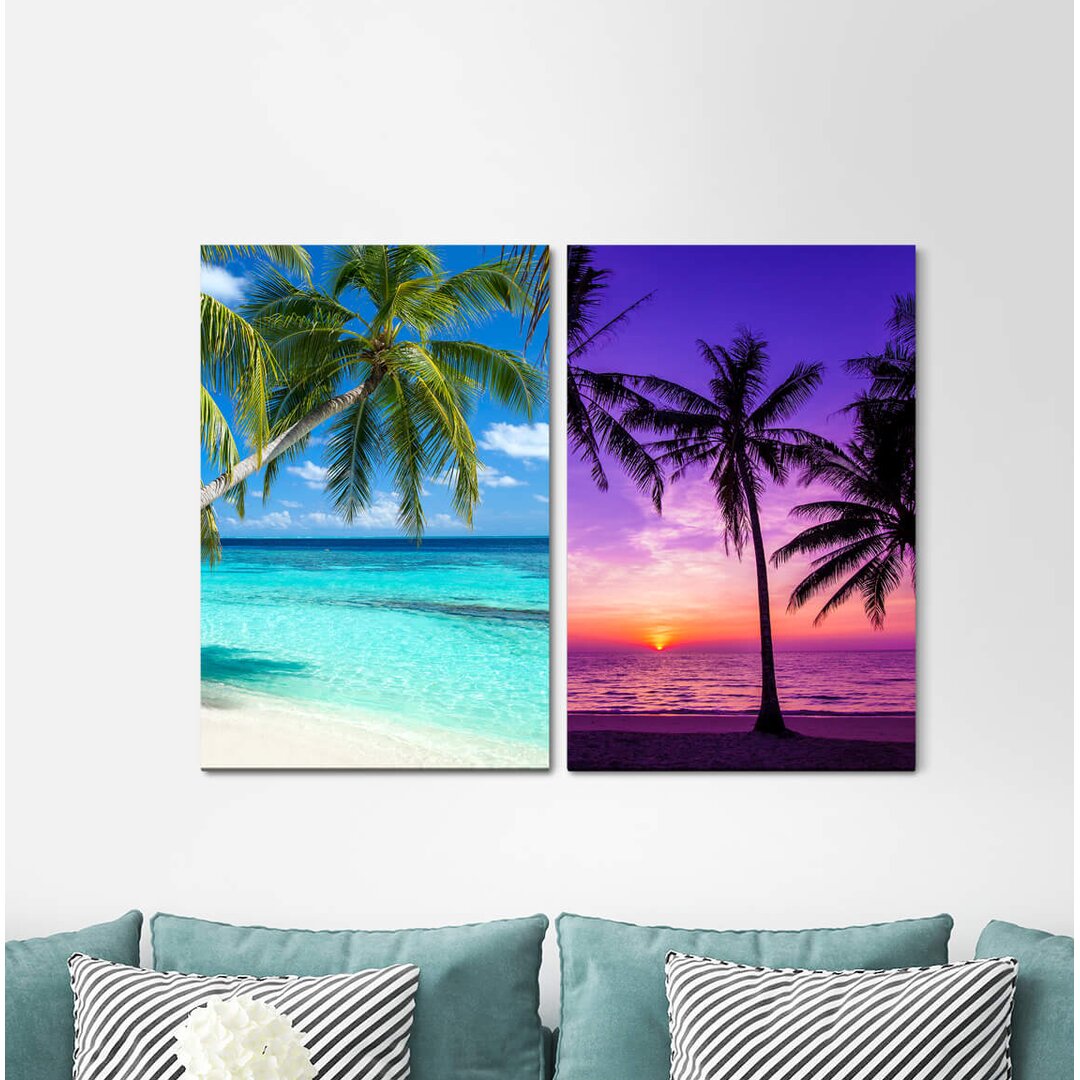 2-tlg. Leinwandbilder-Set - Grafikdruck „Palm Trees South Sea Paradise Summer Sun Dreamlike Sunset”