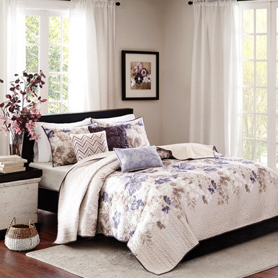 6 pièces de courtepointe imprimée, taupe, double / grand, motif floral aquarelle, réversible en microfibre, luxueuse et douce décoration de coussins pour lit double / grand, literie confortable et élégante