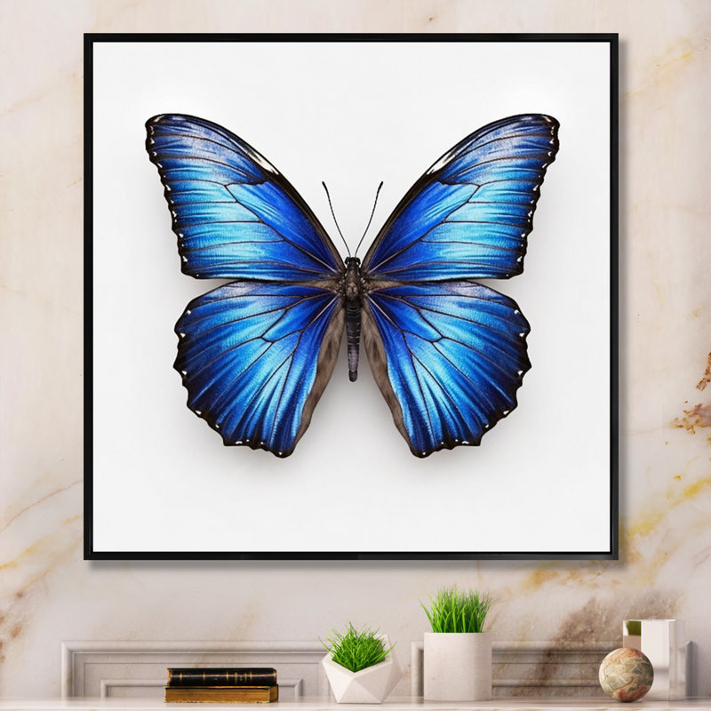 «Vibrant Blue Butterfly II» - art mural papillon, 16" H x 32" W, Gold Picture Framed